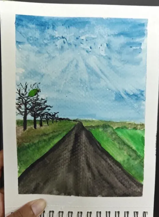 Mindfully tried 1 point perspective for the 1st time. Excruciating fun. I like how the left side is so nice in perspective as compared to the right. Like  the distant land. The clouds are not what I wanted them to be but here it is Day 1 